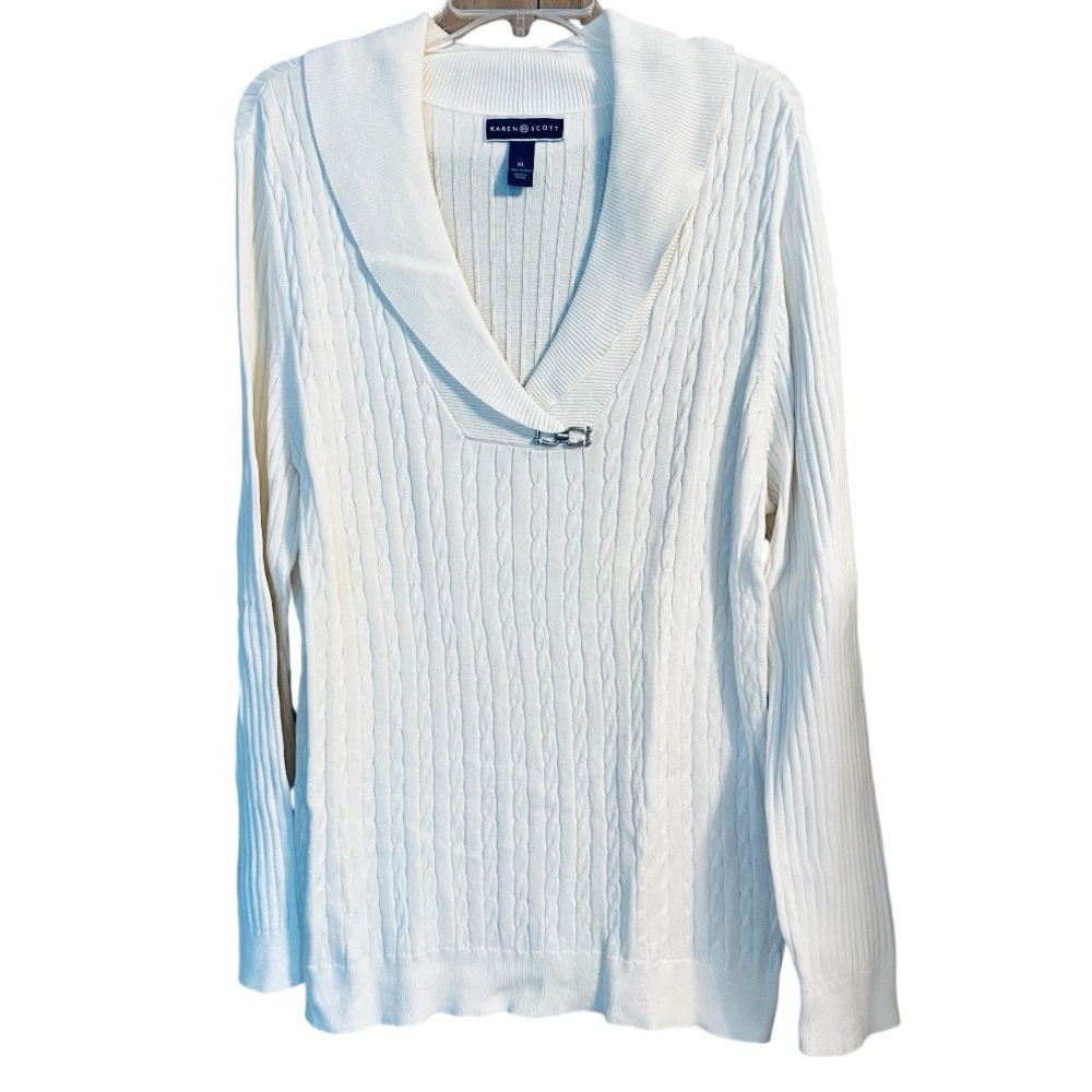 Karen Scott 100% Cotton Cream V-neck Cable Sweater, EUC, XL